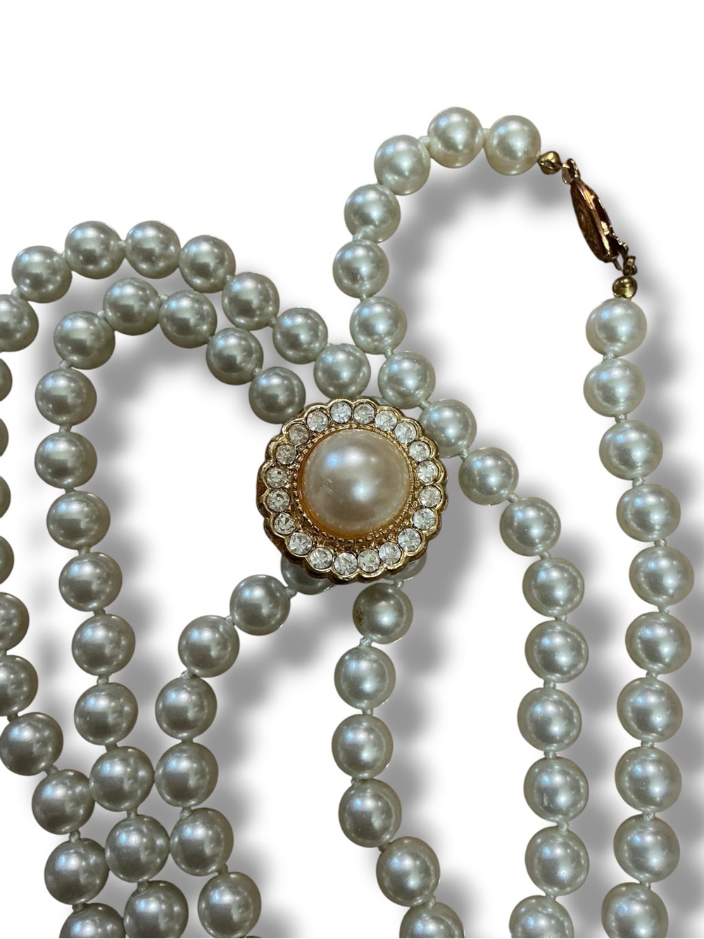 Classic Pearl Lariat Necklace with Gold-Tone Rhinestone Accent Enhancer Pendant - Picture 8 of 10
